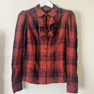 Peruvian Connection Crinkle Red Plaid Button Up Ruffle Blouse Shirt Sz 10 Casual